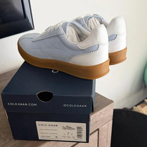 Cole Haan Women’s Light Blue Suede Sneakers with White Trim and Gum Sole - Picture 2 of 3